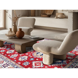 5'10"x8'8" Crimson Red, Kazak With Geometric Medallions Design, Soft And Shiny Wool, Hand Knotted, Denser Weave, Vegetable Dyes, Oriental Rug FWR3204