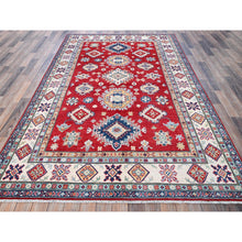 Load image into Gallery viewer, 5&#39;10&quot;x8&#39;8&quot; Crimson Red, Kazak With Geometric Medallions Design, Soft And Shiny Wool, Hand Knotted, Denser Weave, Vegetable Dyes, Oriental Rug FWR3204