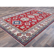 Load image into Gallery viewer, 5&#39;10&quot;x8&#39;8&quot; Crimson Red, Kazak With Geometric Medallions Design, Soft And Shiny Wool, Hand Knotted, Denser Weave, Vegetable Dyes, Oriental Rug FWR3204