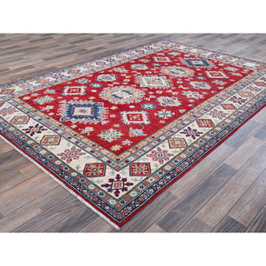5'10"x8'8" Crimson Red, Kazak With Geometric Medallions Design, Soft And Shiny Wool, Hand Knotted, Denser Weave, Vegetable Dyes, Oriental Rug FWR3204