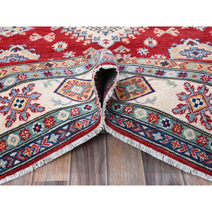 5'10"x8'8" Crimson Red, Kazak With Geometric Medallions Design, Soft And Shiny Wool, Hand Knotted, Denser Weave, Vegetable Dyes, Oriental Rug FWR3204