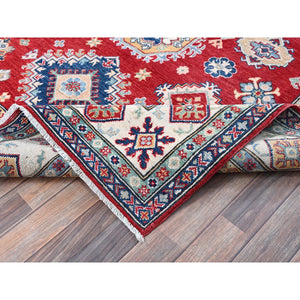 5'10"x8'8" Crimson Red, Kazak With Geometric Medallions Design, Soft And Shiny Wool, Hand Knotted, Denser Weave, Vegetable Dyes, Oriental Rug FWR3204