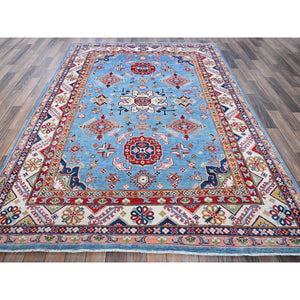 6'2"x8'7" Maya Blue, Kazak with Tribal Medallion Design, Denser Weave, Vegetable Dyes, Hand Knotted, Soft and Shiny Wool, Oriental Rug FWR3210