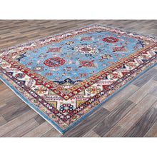 Load image into Gallery viewer, 6&#39;2&quot;x8&#39;7&quot; Maya Blue, Kazak with Tribal Medallion Design, Denser Weave, Vegetable Dyes, Hand Knotted, Soft and Shiny Wool, Oriental Rug FWR3210