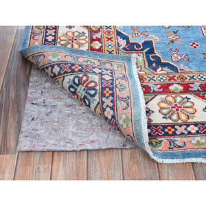 6'2"x8'7" Maya Blue, Kazak with Tribal Medallion Design, Denser Weave, Vegetable Dyes, Hand Knotted, Soft and Shiny Wool, Oriental Rug FWR3210
