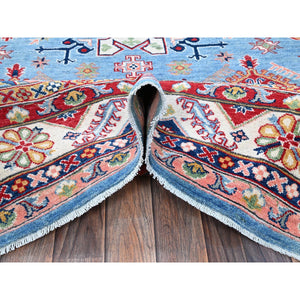 6'2"x8'7" Maya Blue, Kazak with Tribal Medallion Design, Denser Weave, Vegetable Dyes, Hand Knotted, Soft and Shiny Wool, Oriental Rug FWR3210
