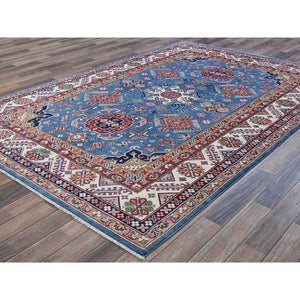6'x8'9" Carolina Blue, Kazak with Tribal Pattern, Hand Knotted, Denser Weave, Soft and Velvety Wool, Vegetable Dyes, Oriental Rug FWR3216