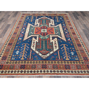 5'2"x7' Imperial Blue, Swan Kazak with Small Animal Figurines, Hand Knotted, Soft and Velvety Wool, Denser Weave, Vegetable Dyes, Oriental Rug FWR3222