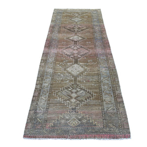3'3"x9'8" Vintage And Worn Down Persian Shiraz Wide Runner Hand Knotted Bohemian Rug FWR324522