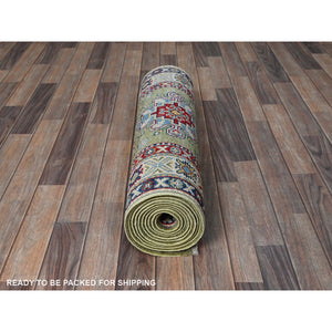 2'9"x12'9" Cedar Green, Kazak With Tribal Medallions Design, Hand Knotted, Soft And Velvety Wool, Denser Weave, Vegetable Dyes, Runner, Oriental Rug FWR3246