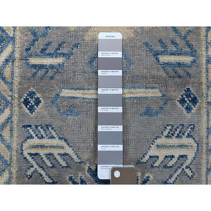 2'6"x9'4" Gray Vintage Look Kazak Pure Wool Tribal Design Hand Knotted Runner Oriental Rug FWR327672