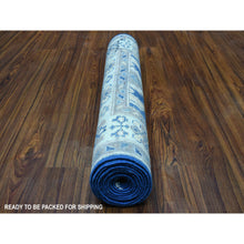 Load image into Gallery viewer, 2&#39;8&quot;x9&#39;5&quot; Blue Hand Knotted Vintage Look Kazak Natural Wool Geometric Design Runner Oriental Rug FWR327978