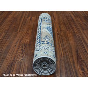2'6"x9'9" Gray Caucasian Vintage Look Kazak Tribal Design Natural Wool Hand Knotted Runner Oriental Rug FWR328086