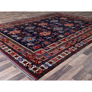 8'2"x10'5" Navy Blue, Afghan Ersari with Turkish Knot, Caucasian Design Revival, Ancient Bird Figurines, Vegetable Dyes, Hand Knotted, 100% Wool, Oriental Rug FWR3288