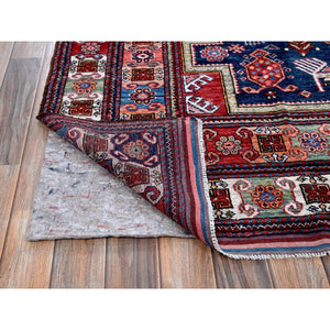 8'2"x10'5" Navy Blue, Afghan Ersari with Turkish Knot, Caucasian Design Revival, Ancient Bird Figurines, Vegetable Dyes, Hand Knotted, 100% Wool, Oriental Rug FWR3288