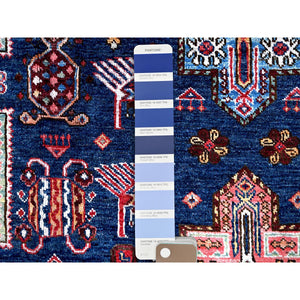 8'2"x10'5" Navy Blue, Afghan Ersari with Turkish Knot, Caucasian Design Revival, Ancient Bird Figurines, Vegetable Dyes, Hand Knotted, 100% Wool, Oriental Rug FWR3288