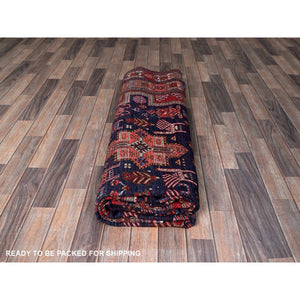 8'2"x10'5" Navy Blue, Afghan Ersari with Turkish Knot, Caucasian Design Revival, Ancient Bird Figurines, Vegetable Dyes, Hand Knotted, 100% Wool, Oriental Rug FWR3288