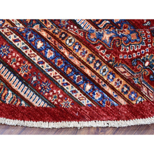 9'7"x9'7" Red Round Super Kazak Khorjin Design Natural Wool Hand Knotted Oriental Rug FWR329748