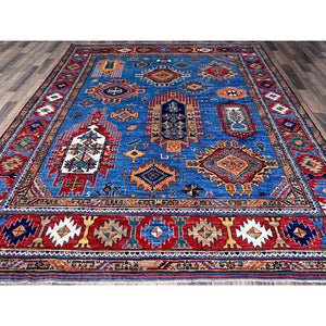 8'1"x9'10" Bayern Blue, Afghan Ersari with Turkish Knot, Caucasian Design Revival, Vegetable Dyes, Hand Knotted, 100% Wool, Oriental Rug FWR3312