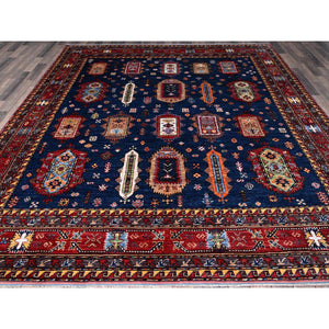 8'5"x9'8" Yale Blue, Afghan Ersari with Turkish Knot, Caucasian Design Revival, Vegetable Dyes, Hand Knotted, Velvety Wool, Oriental Rug FWR3318
