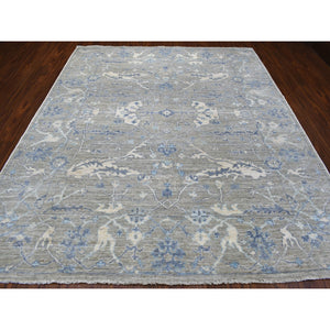 8'4"x9'9" Hand Knotted Monochromatic Gray With Touches Of Blue Angora Oushak Pure Wool Oriental Rug FWR333120