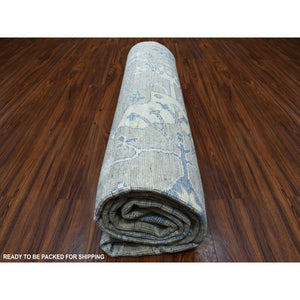 8'4"x9'9" Hand Knotted Monochromatic Gray With Touches Of Blue Angora Oushak Pure Wool Oriental Rug FWR333120