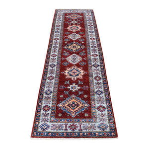 2'7"x8'6" Red Hand-Knotted Geometric Design Super Kazak Pure Wool Oriental Runner Rug FWR333216