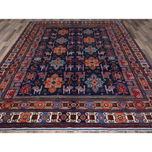 Load image into Gallery viewer, 8&#39;4&quot;x9&#39;6&quot; Navy Blue, Afghan Ersari With Turkish Knot, Caucasian Design Revival, Ancient Bird Figurines, Hand Knotted, 100% Wool, Vegetable Dyes, Oriental Rug FWR3330