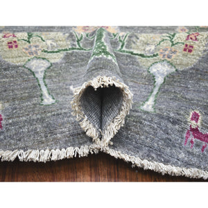 8'2"x8'2" Round Folk Art Willow And Cypress Tree Design Hand Knotted Borderless Oriental Rug FWR334224