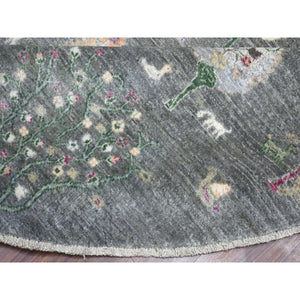 8'2"x8'2" Round Folk Art Willow And Cypress Tree Design Hand Knotted Borderless Oriental Rug FWR334224