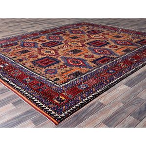 8'3"x9'9" Beige, Afghan Ersari with Turkish Knot, Caucasian Design Revival, Vegetable Dyes, Hand Knotted, Soft and Velvety Wool, Densely Woven, Oriental Rug FWR3342