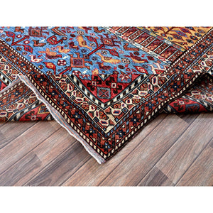 8'7"x10' Parmesan Yellow, Afghan Ersari with Turkish Knot, Caucasian Design Revival, Ancient Bird Figurines, Vegetable Dyes, Hand Knotted, 100% Wool, Oriental Rug FWR3348