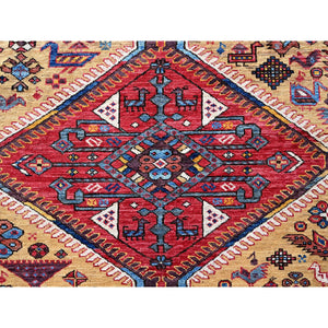 8'7"x10' Parmesan Yellow, Afghan Ersari with Turkish Knot, Caucasian Design Revival, Ancient Bird Figurines, Vegetable Dyes, Hand Knotted, 100% Wool, Oriental Rug FWR3348