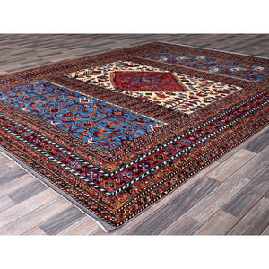 8'6"x10'8" Alabaster White, Hand Knotted, Afghan Ersari with Turkish Knot, Caucasian Design Revival, Ancient Bird Figurines, Vegetable Dyes, 100% Wool, Oriental Rug FWR3354