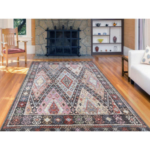 6'1"x9'2" Charcoal Black With Anatolian Design Organic Wool Hand Knotted Oriental Rug FWR337200