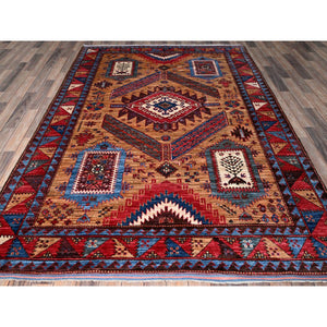6'1"x8'4" Ochre Brown, Afghan Ersari With Turkish Knot, Caucasian Design Revival, Densely Woven, Vegetable Dyes, Hand Knotted, 100% Wool, Oriental Rug FWR3372