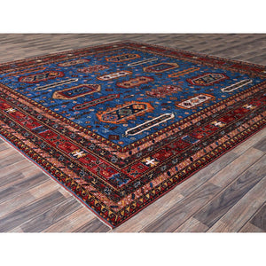 10'x10' Imperial Blue, Afghan Ersari With Turkish Knot, Caucasian Design Revival, Hand Knotted, 100% Wool, Vegetable Dyes, Square, Oriental Rug FWR3384
