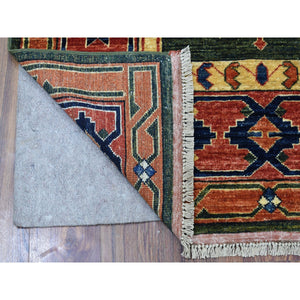 4'x9'8" Green Afghan Turkoman Ersari Geometric Design Organic Wool Hand Knotted Oriental Wide Runner Rug FWR340710