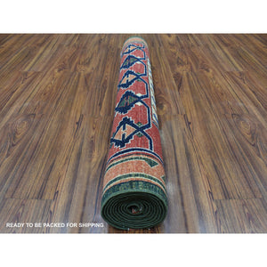 4'x9'8" Green Afghan Turkoman Ersari Geometric Design Organic Wool Hand Knotted Oriental Wide Runner Rug FWR340710