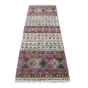 2'9"x7'10" Hand Knotted Beige Super Kazak Khorjin Design With Colorful Tassles Pure Wool Oriental Runner Rug FWR340842