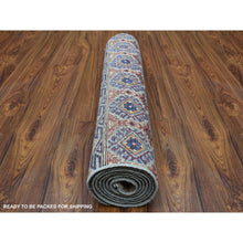 Load image into Gallery viewer, 2&#39;10&quot;x7&#39;7&quot; Hand Knotted Gray Super Kazak Khorjin Design With Colorful Tassles Pure Wool Oriental Runner Rug FWR340968