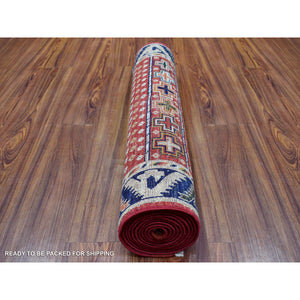 2'8"x9'7" Red Organic Wool Afghan Ersari Geometric Design Hand Knotted Oriental Runner Rug FWR341574