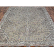 Load image into Gallery viewer, 7&#39;1&quot;x9&#39;10&quot; Beige Vintage and Worn Down Persian Qashqai Pure Wool Distressed Hand Knotted Oriental Rug FWR343530