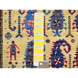 6'1"x8'10" Macaroon Yellow, Afghan Ersari with Turkish Knot, Caucasian Design Revival, Small Human Figurines, Vegetable Dyes, Hand Knotted, Soft Wool, Oriental Rug FWR3444