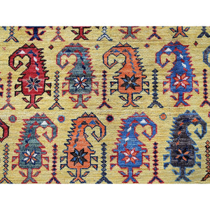 6'1"x8'10" Macaroon Yellow, Afghan Ersari with Turkish Knot, Caucasian Design Revival, Small Human Figurines, Vegetable Dyes, Hand Knotted, Soft Wool, Oriental Rug FWR3444