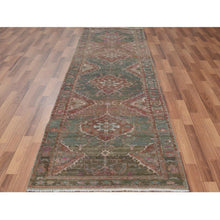 Load image into Gallery viewer, 3&#39;7&quot;x12&#39;3&quot; Green Vintage And Worn Down Persian Heriz Distressed Hand Knotted Runner Pure Wool Oriental Rug FWR345876