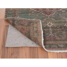 Load image into Gallery viewer, 3&#39;7&quot;x12&#39;3&quot; Green Vintage And Worn Down Persian Heriz Distressed Hand Knotted Runner Pure Wool Oriental Rug FWR345876
