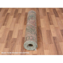 Load image into Gallery viewer, 3&#39;7&quot;x12&#39;3&quot; Green Vintage And Worn Down Persian Heriz Distressed Hand Knotted Runner Pure Wool Oriental Rug FWR345876