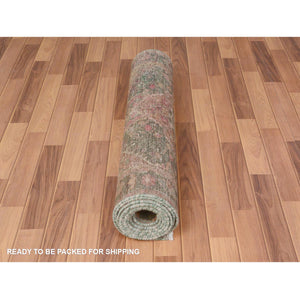 3'7"x12'3" Green Vintage And Worn Down Persian Heriz Distressed Hand Knotted Runner Pure Wool Oriental Rug FWR345876