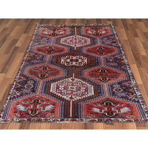 4'6"x7'2" Red Distressed Hand Knotted Persian Qashqai Vintage Worn Down Bohemian Clean Organic Wool Oriental Rug FWR347196